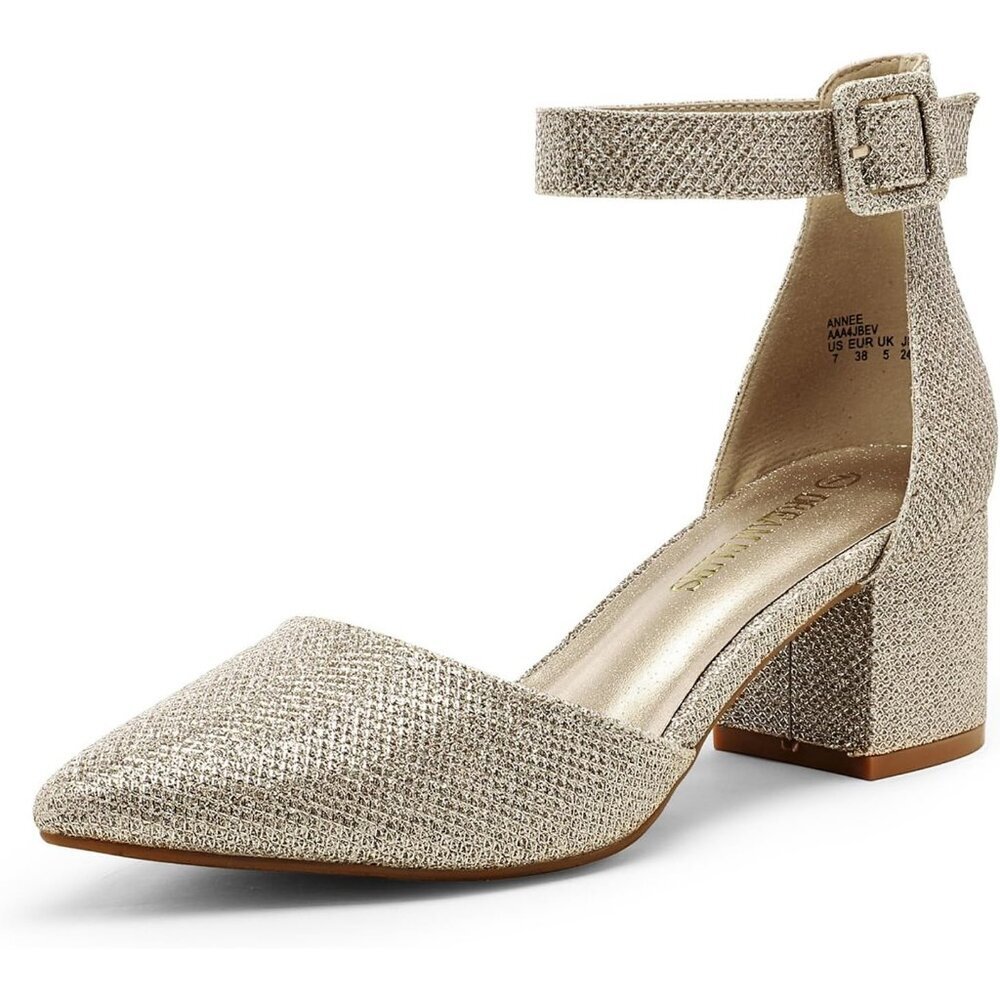 Women's Gold Glitter Pointed Toe Heels with Ankle Strap and 2.25 Inch Block Heel